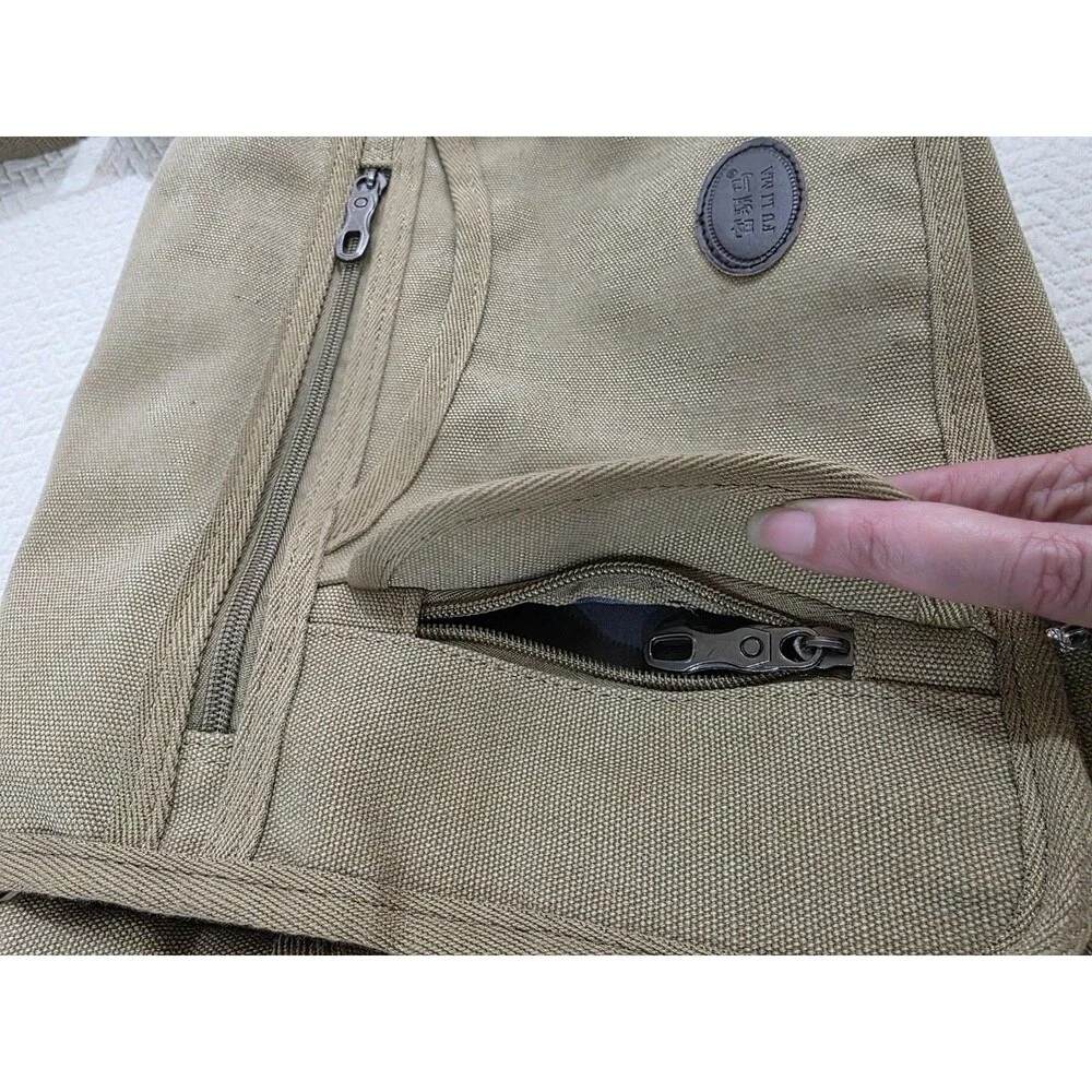 Fu Li Ma Vintage Khaki Canvas Messenger Bag Multi Pocket Crossbody Sling Satchel